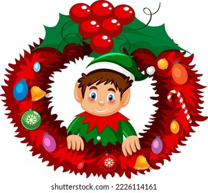 Elf Christmas wreath in cartoon style illustration