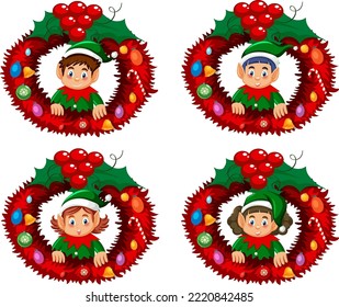 Elf Christmas wreath set illustration