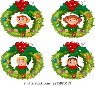 Elf Christmas wreath set illustration