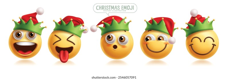 Elf chritsmas emoji vector characters set. Christmas elves emojis clip art character in happy, funny, shy, blush, inspired and cute facial expression 3d graphic elements. Vector illustration