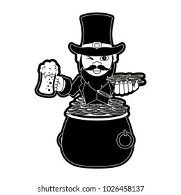Elf with coins pot and beer cartoon