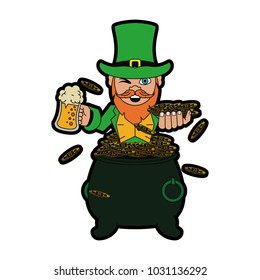 Elf with coins pot and beer cartoon