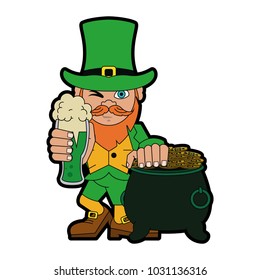 Elf with coins pot and beer cartoon