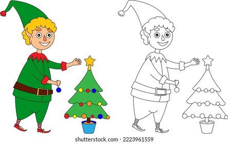 elf coloring book based on a sample vector New Year and Christmas illustration