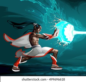 Elf is creating a lighting with magic power. Vector cartoon fantasy illustration