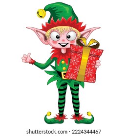 Elf Cute and Happy Cartoon Character Holding a Christmas Gift Box Vector Illustration isolated on white
