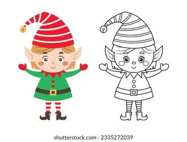 Elf cute vector illustration cartoon isolated on white background. Elf vector colored and colorless. Cute coloring page for kids. 