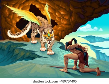 Elf is dealing with a winged lynx. Fantasy vector illustration.