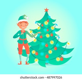 Elf decorates Christmas tree. Vector illustration