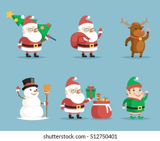 Elf Deer Snowman and Santa Claus Cartoon Characters Christmas New Year Icons Set Flat Design Vector Illustration