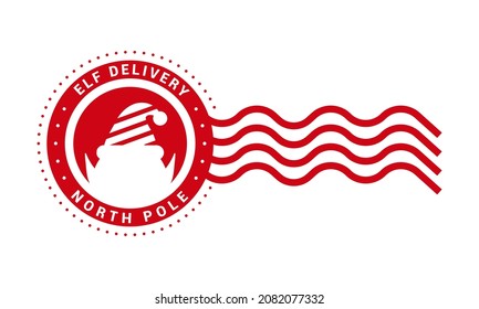 Elf delivery - north pole. Round stamp design template. Christmas decorative element for handmade gifts with text and elf silhouette. Vector illustration on white background