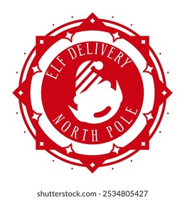 Elf delivery.Christmas stamp design. Holiday template for Xmas handmade gifts. Vector illustration