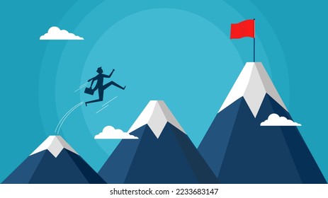 elf development. Businessman jumping to new mountain