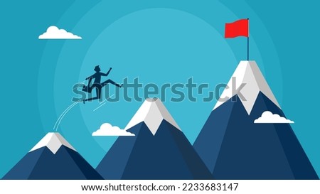 elf development. Businessman jumping to new mountain