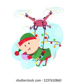 Elf with digital tablet tied to quad copter with xmas lights. Vector illustration of cartoon element on blue background. Christmas delivery, event, character. Can be used for postcard, poster, leaflet