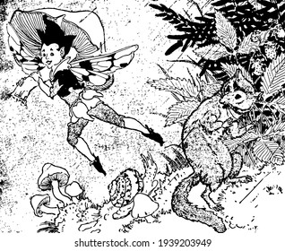 Elf and Dormouse, an elf flying in the air and holding mushroom in hands, and mouse looking at him, trees and mushroom in background, vintage line drawing or engraving illustration