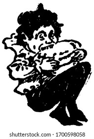 An elf eating a pie, from Mother Goose, as name suggest, this scene shows an elf eating a pie, vintage line drawing or engraving illustration.