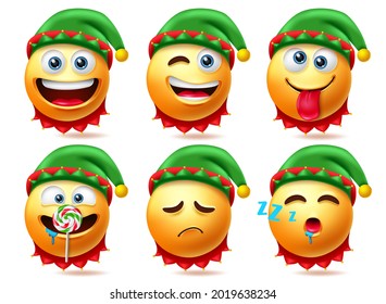 Elf emoji christmas character vector set. Elfs emojis characters in sleeping, eating and naughty facial expressions for xmas cute 3d emojis collection design. Vector illustration
