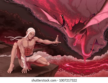 Elf is evoking a dragon. Vector fantasy illustration