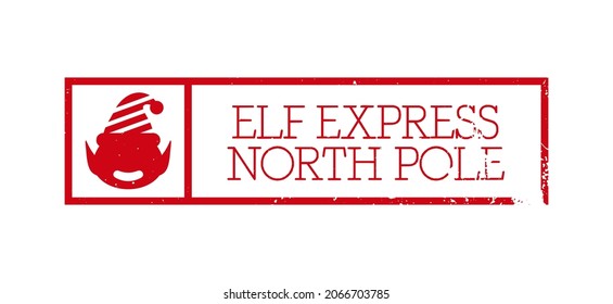 Elf express, north pole - horizontal stamp design for letters or gifts. Christmas  decorative element. Vector illustration on white background with grunge texture.