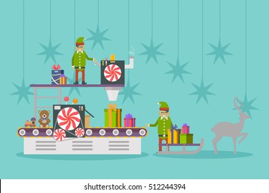 Elf factory or elves workshop, toy production line. Conveyor belt making gift or presents. Toy factory or engineering industry, elf concept, celebration and holiday, festive theme