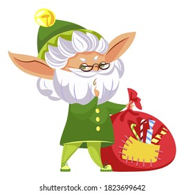Elf fairy character holding bagful with candies. Christmas card helper hero with white beard and glasses standing with festive sack. Winter holiday postcard with New year assistant and sweets vector