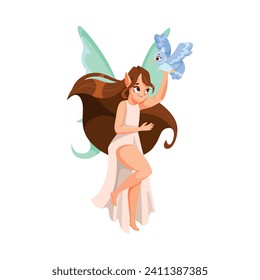 Elf and Fairy Girl Character with Wings and Little Bird Vector Illustration