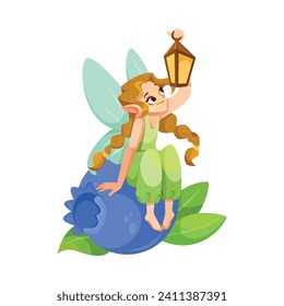 Elf and Fairy Girl Character with Wings Sit on Berry with Lantern Vector Illustration