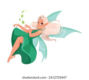 Elf and Fairy Girl Character with Wings and Green Leaf Vector Illustration