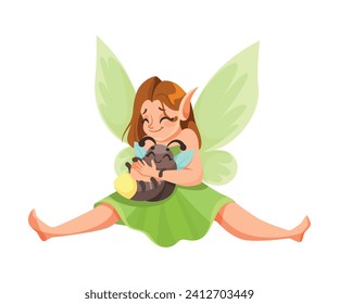 Elf and Fairy Girl Character with Wings Sit Embrace Bug Vector Illustration