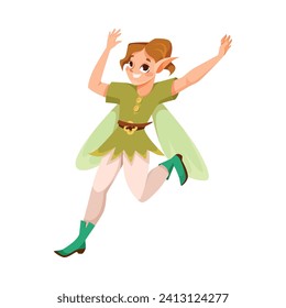 Elf and Fairy Girl Character with Wings and Green Costume Run Vector Illustration