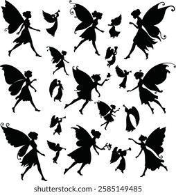 elf, fairy, magic, girl, illustration, isolated, silhouette, fantasy, vector, tale, nature, butterfly, beautiful, fairy tal, imagination, art, cute, female, princess, body, icon, wing, ballerina,