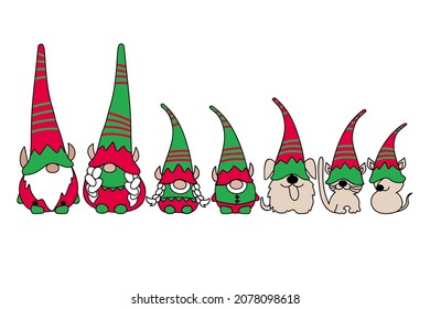 The Elf Family. Scandinavian Nordic Gnomes Dressed As An Elf. The Elf Family Member Collection On White. Funny Vector Illustration Of Gnome Family With Animals.