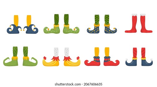 Elf feet flat cartoon colourful. Shoes for elves feet, Santa Claus helpers dwarf leg in pants, funny striped socks and boots. Xmas 2021 winter gift icons set. Funny assistant. Vector illustration.