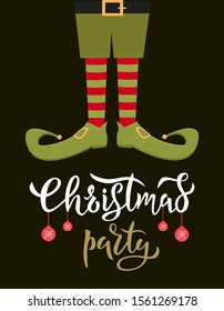 Elf feet flat colourful vector illustration with typography. Christmas dwarf leg in funny boots on black background. Leprechaun shoes and striped socks. Festive christmas gnome postcard with lettering