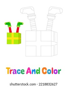 Elf feet with gift box, tracing worksheet for kids