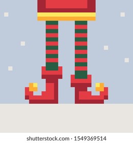 Elf feet on winter. Merry Christmas card. Festive background. Elves legs, boots. Leprechaun in striped stockings. Xmas 2020. Isolated pixel art vector illustration. Design for stickers, web and app.