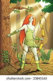 Elf female archer, a character from mythology and folklore legend, vector illustration