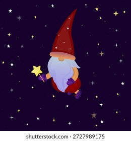 Un elfo vuela a través del cielo estrellado de la noche. Vector alegre ilustración.