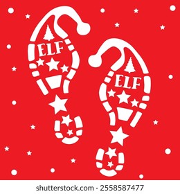 Elf footprints on red background Christmas and New Year holiday decoration and symbol White elf footprints with stars and snowflakes