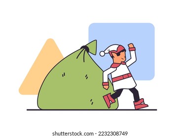 elf with full of gifts sack santa helper preparing for new year and christmas holidays celebration horizontal