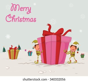Elf with gift for Merry Christmas holiday greeting card background in vector