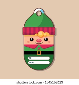 Elf. Gift tag. Christmas character. Vector illustration. Flat style.