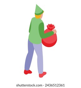 Elf with gifts bag icon isometric vector. Joyful tiny creature. Holiday mythical elfin