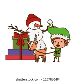 elf with gifts boxs and snowman avatar character