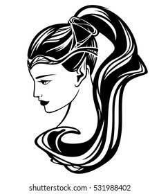 elf girl black and white vector illustration - beautiful woman profile portrait.