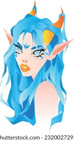 An elf girl with blue hair and golden horns