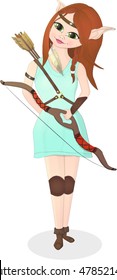 Elf girl with bow and arrows, vector cartoon illustration