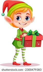 Elf girl cartoon Christmas character holding gift illustration