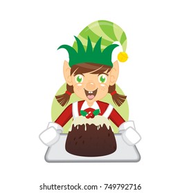 Elf Girl with Christmas Pudding Vector Illustration